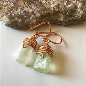 Aqua Green raw Calcite Crystal Copper Earrings